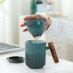 Steinzeug Bluestone Glasur Tee tasse Porzellan Minimalist Haushalt Retro-Stil Tee Wasser Trennung Büro Tasse Tasse mit Deckel - Product Image 3