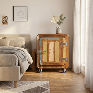 Vintage Fridge Shape Storage Bedside <b>Table</b> on <b>Wheels</b> <b>with</b> Antique Door Multipurposes For Living Room Hotels Indian Furnitures - Product Image 1