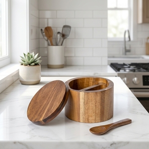 Boîte à épices moderne <span class=keywords><strong>en</strong></span> bois d'acacia avec couvercle, salière et poivrière <span class=keywords><strong>en</strong></span> bois massif, distributeur de <span class=keywords><strong>sel</strong></span> et poivre 200 ml, option personnalisée, conteneur de rangement pour épices - Product Image 1