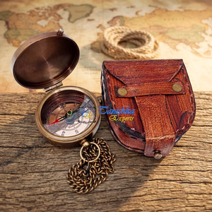 Antique Brass Pocket <b>Compass</b> With <b>Chain</b> And Leather Case Circular Travel Accessory Polished Gold Plated - Product Image 2