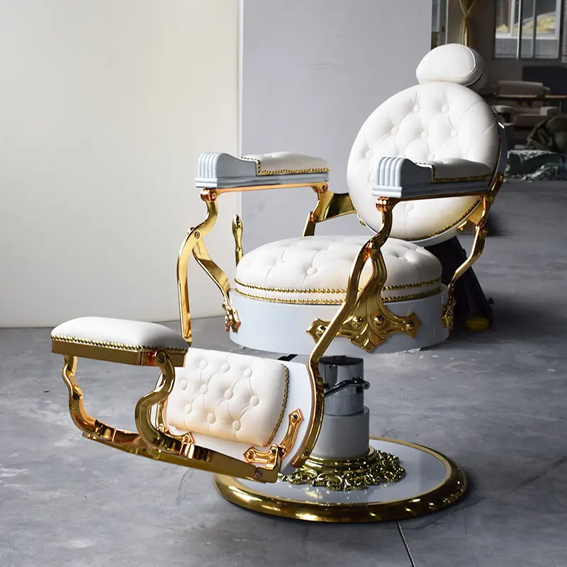 Vintage White Sillas De Barberia Reclining Hair Salon Chair Styling Round Base Gold Retro Barber Chair
