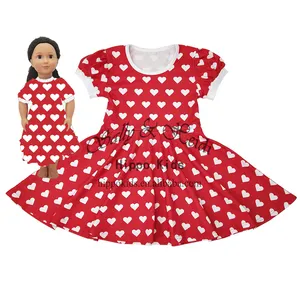 New design 2023 toddler dolly and megirls heart print red valentine dresses girls puff sleeve dress