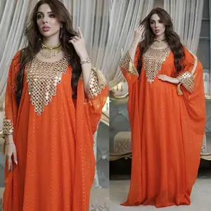 2023 Hotsale Women's Luxury Embellished Neckline Chiffon Abaya Muslim Islamic Clothing Double Layer Chiffon Kaftan 142cm Long