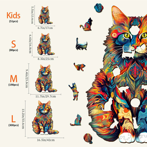 Puzzle en bois coloré en forme de chat, puzzle en bois irrégulier en forme d'animal avec un design artistique vibrant pour adultes et décoration intérieure - Product Image 6