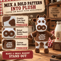 Peluche personnalisée en forme de vache marron avec des patchs blancs et une tronche de dessin animé, mascotte en peluche OEM/ODM