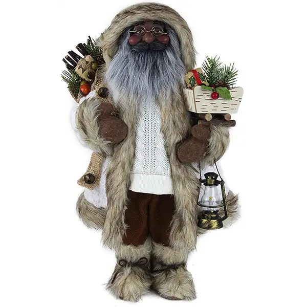 Standing Fleece and Cable Knit Woodland Ethnic African American Santa Claus Christmas Figurine Figure