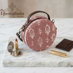 Mauve Round Crossbody Sling Bag Jacquard Circle Purse Adjustable Vegan Leather Strap <b>Boho</b> Bag - Product Image 4