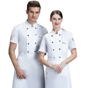 餐厅制服夏季短袖男女通用刺绣黑色和红色外套厨师夹克