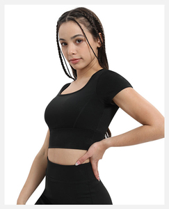 JY nueva <span class=keywords><strong>ropa</strong></span> básica de <span class=keywords><strong>Yoga</strong></span> de gimnasio personalizada para mujeres entrenamiento Fitness correr camiseta transpirable con manga de algodón camisetas atléticas - Product Image 5