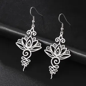 Anting Liontin Hippie Stainless Steel Yoga Lotus Flower Drop Earrings untuk Wanita Perhiasan Buddhisme Unik