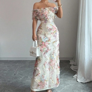 Women's Elegant <b>Romantic</b> Ruffled Off-Shoulder Fitted Mesh Floral <b>Dresses</b> Fashion - Product Image 1