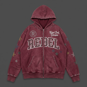 Felpa con Zip Oversize Personalizzata OEM con Effetto Lavaggio Acido, Strass e Borchie in Stile Streetwear per un <span class=keywords><strong>Look</strong></span> Unico - Product Image 1