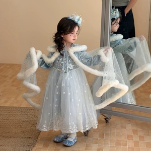Abito da Principessa per Bambine, Nuovo Stile Primaverile, Vestito Lungo in Velluto Leggero a Due Pezzi con Motivi Cartoon, Abito Formale - Product Image 1