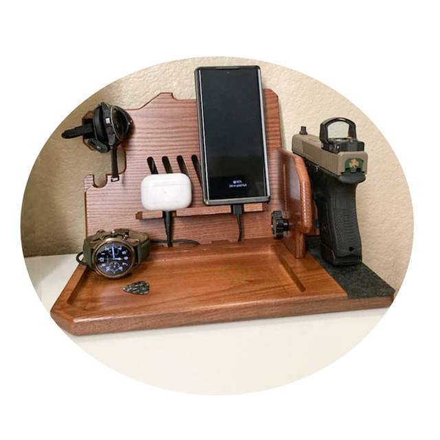 Wood Gun Rack 2 Phone Wallet Docking Station Watch Key Holder Side Table Charging Station Desktop Nightstand Organizer