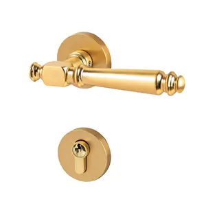 Wholesale Distributor Minimalist Luxury Home Safety Golden Knurled Design Contemporary Rosette Brass Lock Lever Door Handle