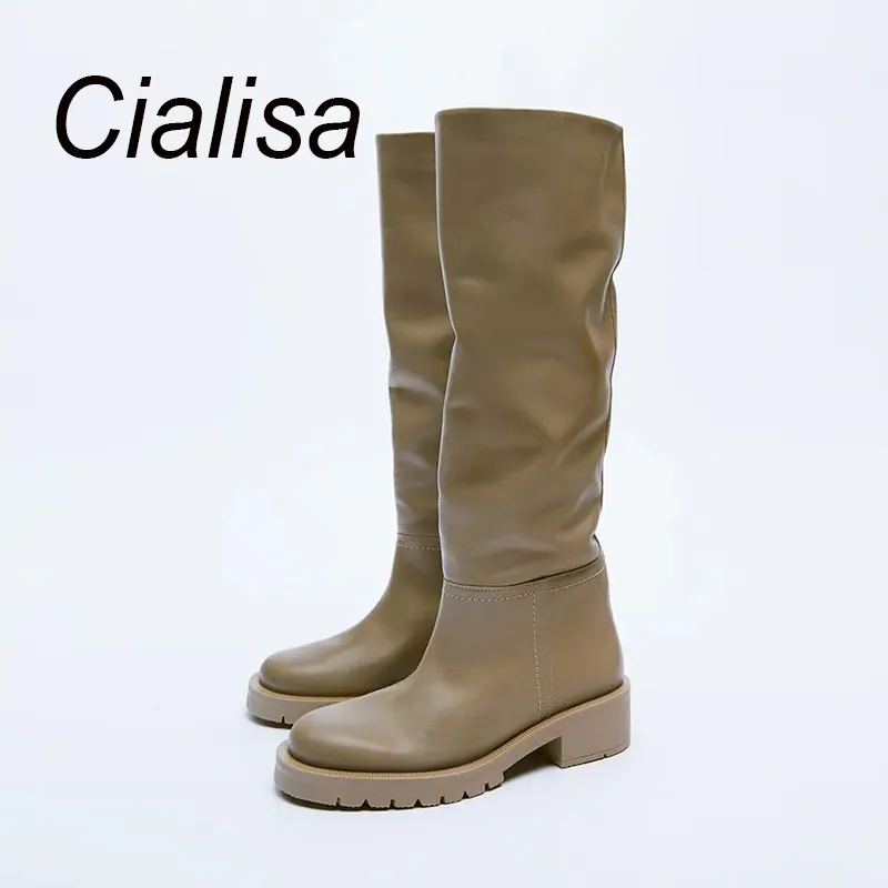 Cialisa Size 42 Women Fashion Genuine Leather Knee High Boots Chunky Heels Casual Shoes Woman Winter Knight Long Boots