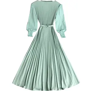 Design pleated skirt pleat and waisted slimming elegant slightly mature style women's clothing spring new French dress long