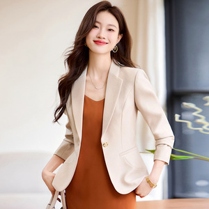 Apricot Short Blazer For Women Spring Autumn Solid Color Polyester Casual Elegant Fit Small Size - Product Image 1