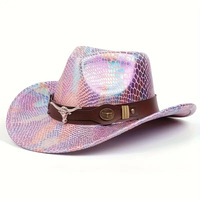 Chapeau de cowboy en cuir Longhorn argenté à imprimé serpent irisé, style gothique punk, pour adultes, vente en gros