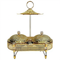 BOSAI Station de chauffe-buffet ovale dorée à double colonne en acrylique, avec couvercle parapluie, en acier inoxydable, chauffée à l'alcool, 6 litres