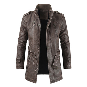 Nouvelle veste en cuir PU <span class=keywords><strong>mi</strong></span>-<span class=keywords><strong>longue</strong></span> pour hommes, automne et hiver, mode décontractée, col montant, veste slim pour jeunes, vente en gros, en stock - Product Image 3
