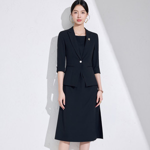 Women's Suit Set Navy Blue Three Quarter Sleeve Blazer And Skirt Anti Wrinkle Solid Color Professional Workwear - Product Image 4