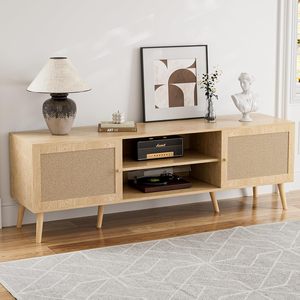 Soporte para <span class=keywords><strong>TV</strong></span> de 65'', Centro de Entretenimiento con Puerta de Ratán, Estantes y 2 Gabinetes, Consola Multimedia Larga Estilo Boho para Sala de Estar, Natural - Product Image 2