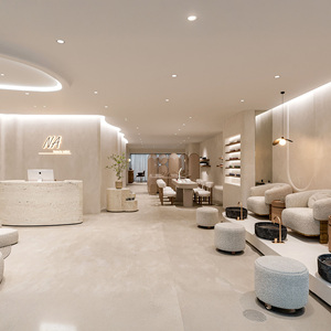 Set Tavolo Manicure LED Minimalista Personalizzato per Salone Unghie con Sedie Bouclé, Arredamento Moderno per Beauty Bar, Design Completo per Negozio - Product Image 3