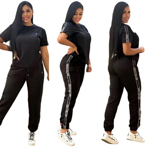Moda all'ingrosso abbigliamento di marca donna nuova moda Casual Jacquard due pezzi Set manica corta Top <span class=keywords><strong>pantaloni</strong></span> <span class=keywords><strong>lunghi</strong></span> - Product Image 2