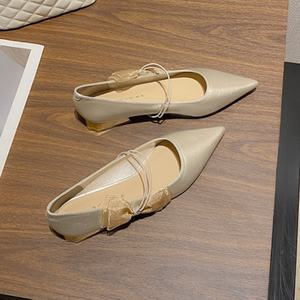 Bailarinas Francesas con Punta en Pico para Mujer, Diseño con Perlas, Patrón Geométrico Impermeable, Parte Superior de Cuero Genuino, Correa Única - Product Image 3