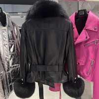Veste moto courte en cuir véritable pour femme avec ceinture, col châle en fourrure de renard, style oversize, pour l'automne