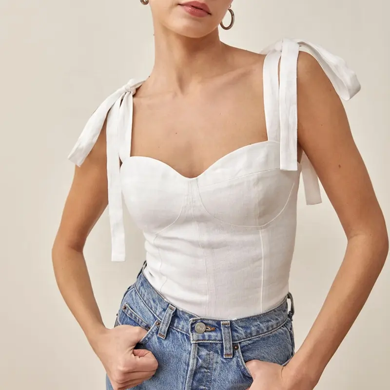 OEM factory price Korea women tops blouses sleeveless adjustable shoulder tie straps sexy style crop tops white linen top blouse
