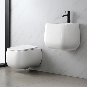 Ensemble de toilettes murales intégrées en céramique carrée P-Rap, comprenant WC, lavabo et évier - Product Image 1