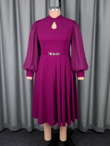 AM050651 elegante autunno con colletto rialzato ritagliato in Chiffon manica lunga lanterna a trapezio viola abito Casual <span class=keywords><strong>donna</strong></span> Plus Size formale - Product Image 4