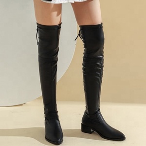 Solid PU Big Size 43 Women Over Knee High <b>Boots</b> Thigh High Pointed Back Lace up <b>Boots</b> for Women Med Chunky Heel Long Booties - Product Image 2