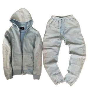 Sweat à capuche zippé avec strass pour hommes Jogger Vintage Cropped Casual Street Wear Acid Wash Hoodie and Sweatpants Set - Product Image 1
