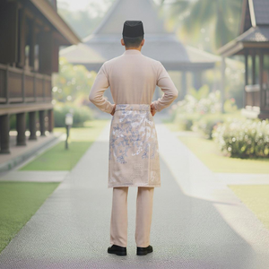 TELUK BELANG Malaysia SIPO tradizionale <span class=keywords><strong>Beige</strong></span> chiaro colletto mandarino vestito con blu-<span class=keywords><strong>bianco</strong></span> grembiule, pietrisco sentiero - Product Image 4