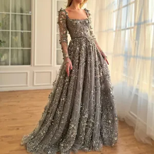 Luxury 3D Flower Gray Long Sleeves Evening Dresses for Women Wedding Party Elegant Arabic A-line Formal Gowns SZ353