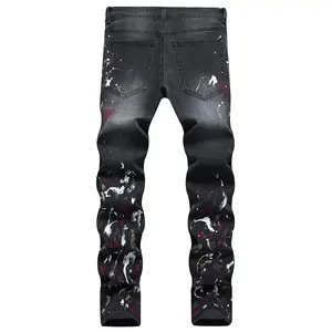 Nieuwe Slanke Jeansbroek Voor Heren, Verf Streetstyle Hole, Gepatchte, Gescheurde Streetwear Zwarte Spijkerbroek