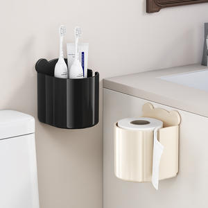Porte-papier toilette mural, pas de perçage nécessaire, porte-rouleau de papier toilette rond noir et blanc avec rangement pour brosse à dents - Product Image 1