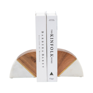 Fermalibri curvi in marmo con dettagli in legno, accessori decorativi moderni per libreria o ufficio - Product Image 2