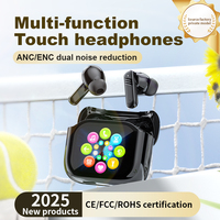Écouteurs ANC ENC avec écran LCD intelligent, écran tactile couleur, contrôle tactile, basses stéréo, écouteurs sans fil pour le sport, les jeux, les voyages