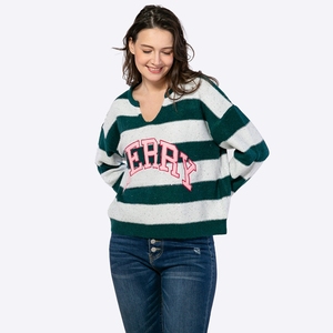Maglione Natalizio Personalizzato da <span class=keywords><strong>Donna</strong></span> con Strisce Glitterate, Scollo a V, Spalle Scivolate, Vestibilità Ampia e Patch con Lettere - Produttore - Product Image 4