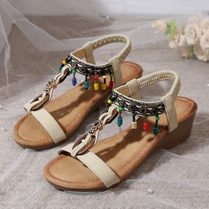 Sandales d'été confortables <span class=keywords><strong>de</strong></span> style bohème pour femmes Compenses Mujer Sandales à talon bas avec strass perlé et bout ouvert à la cheville Sandales compensées à une sangle - Product Image 3