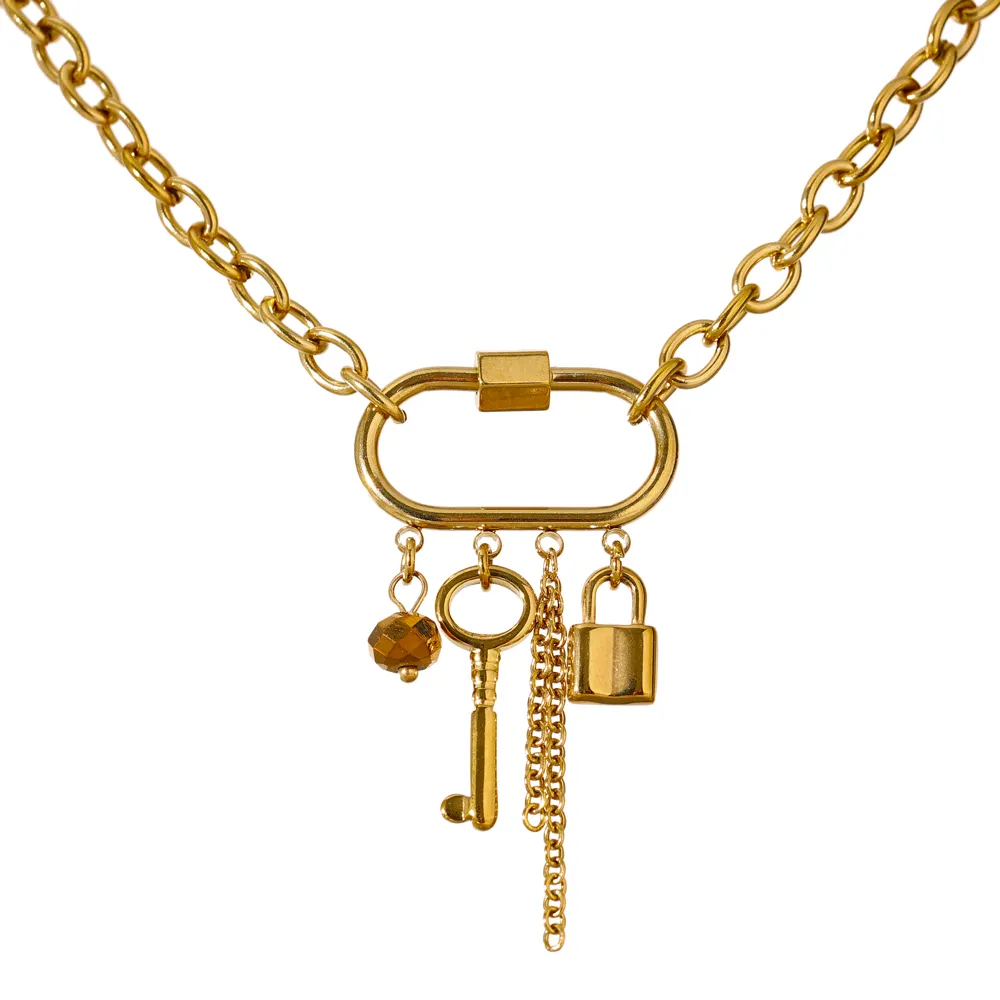 JINYOU 1734 Fashion Handmade Beads Drop Gold Plated Metal Lock Key Pendant Chain Necklace Stainless Steel Jewelry