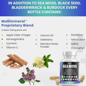 Sea Moss Black Seed Oil Capsule Ashwagandha Turmeric Bladderwrack Iodine Chlorophyll ACV See Moss Natural Vegan Capsule