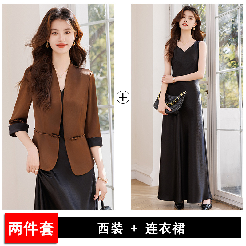 Dark brown suit and black dress