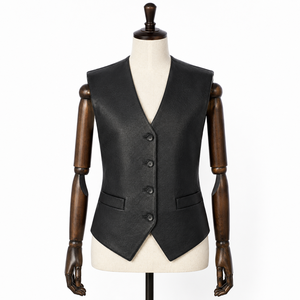 Chaleco corto de piel de oveja de primera calidad negro para mujer, cuello en V, sin mangas, a medida, cortavientos, con dobladillo puntiagudo, ideal para invierno. - Product Image 1