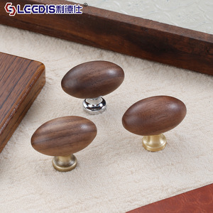 LCCDIS Walnut Wood Brass Cabinet <b>Knobs</b> Oval Rustic Style Drawer Handle Single Hole Installation - Product Image 1