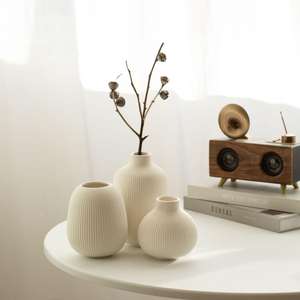 Vaso in ceramica con costine bianche minimaliste, moderno stile nordico, fatto a mano, ceramica testurizzata per fiori secchi, decorazione per la casa - Product Image 1